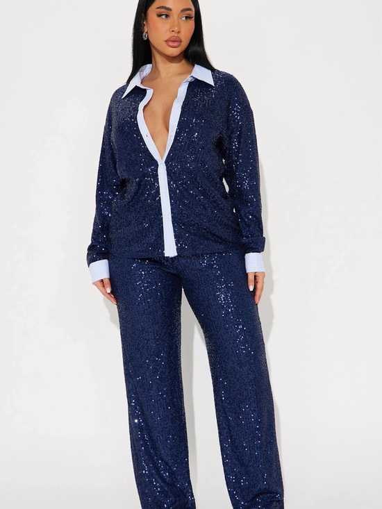 Fashion Nova Pants - Two Piece Navy Sequin Button-Up Top and Pant with Contrast Trim
